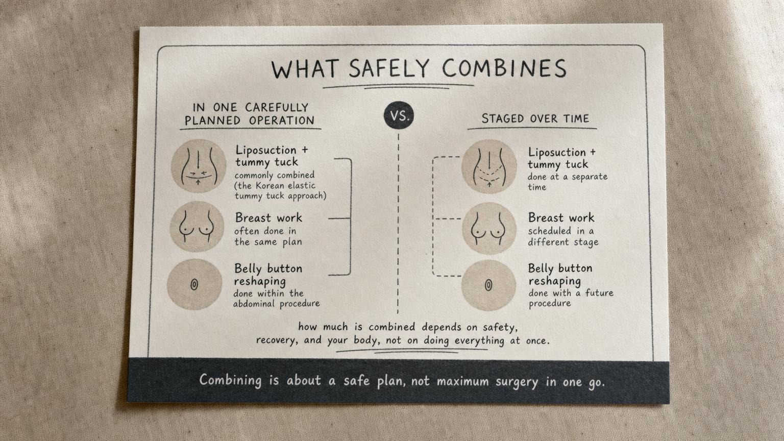 What safely combines: liposuction plus tummy tuck, breast work, belly button