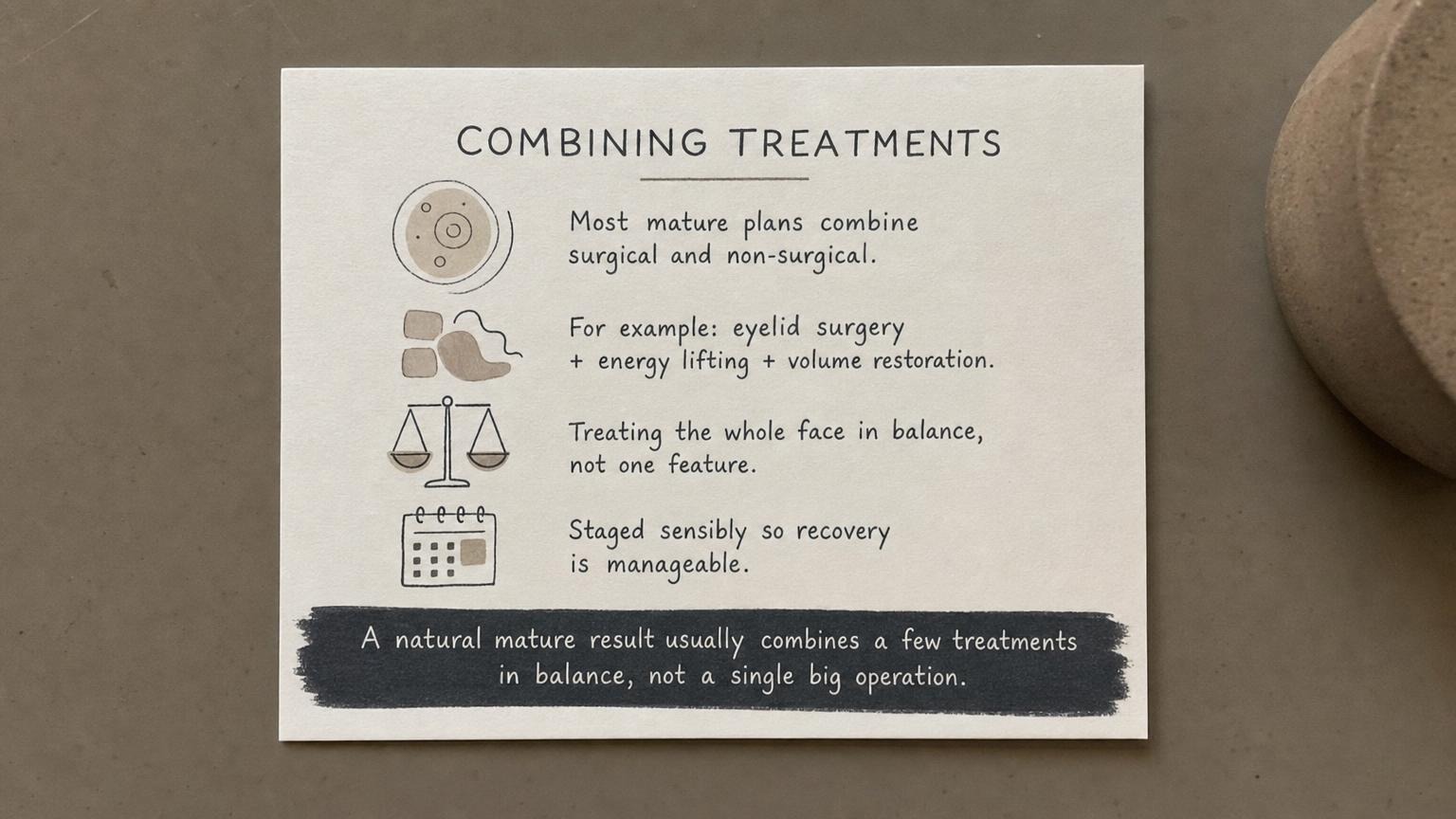 Combining treatments: eyelid surgery + energy lifting + volume restoration in balance