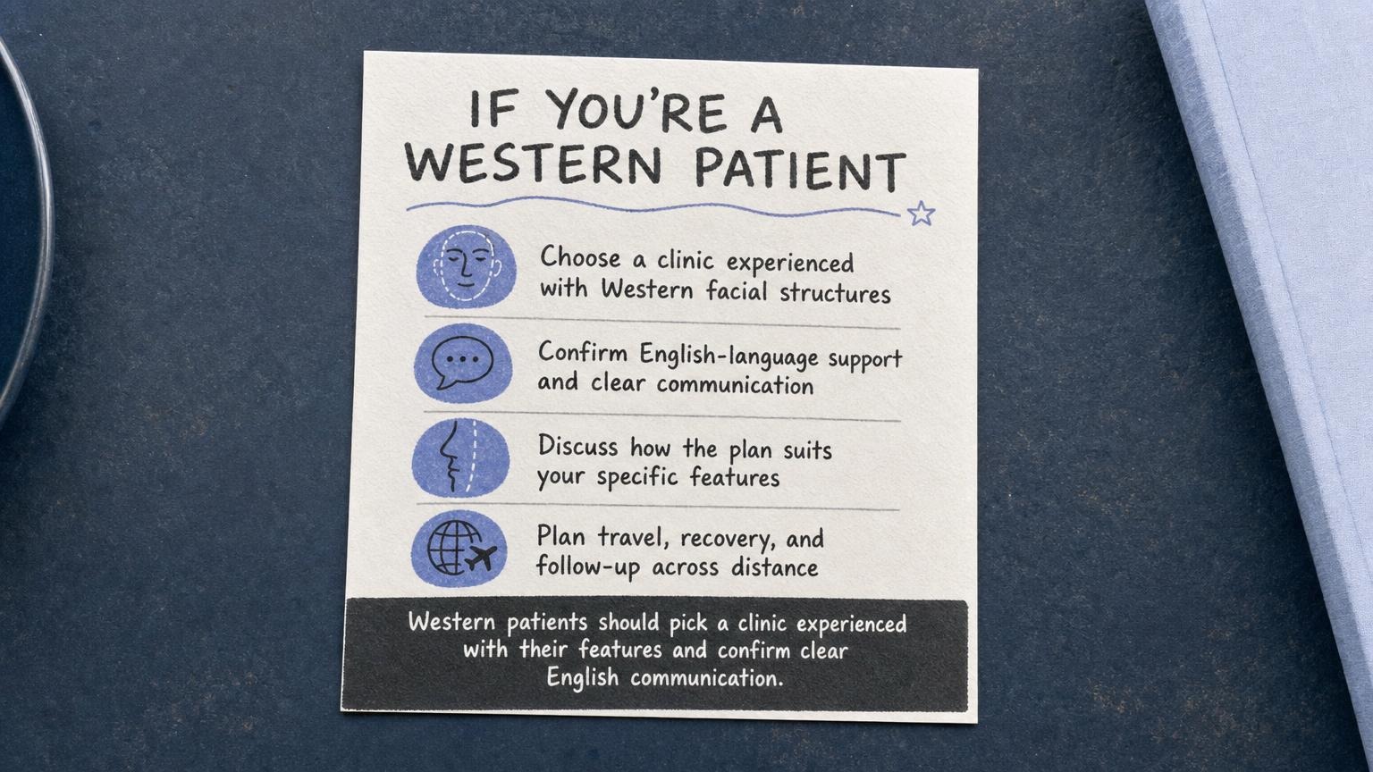 If you're a Western patient: choose a clinic experienced with your features, confirm English