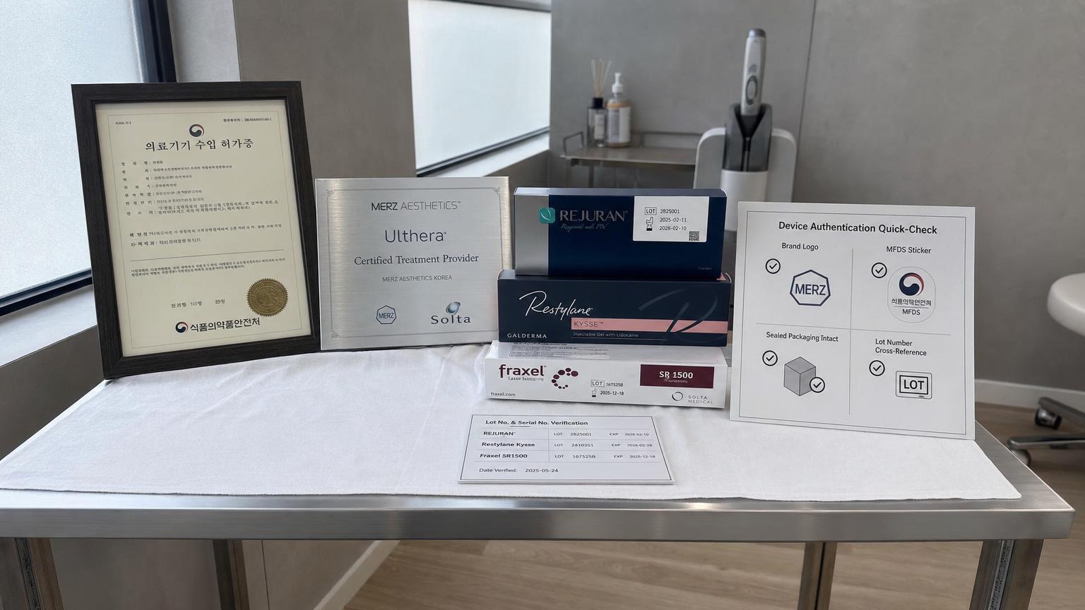 Seoul clinic device verification table with MFDS certificate, Merz Ultherapy authorized provider plaque, sealed Rejuran ampoule, sealed Restylane Kysse syringe, sealed Fraxel cartridge, and lot number cross-reference card.