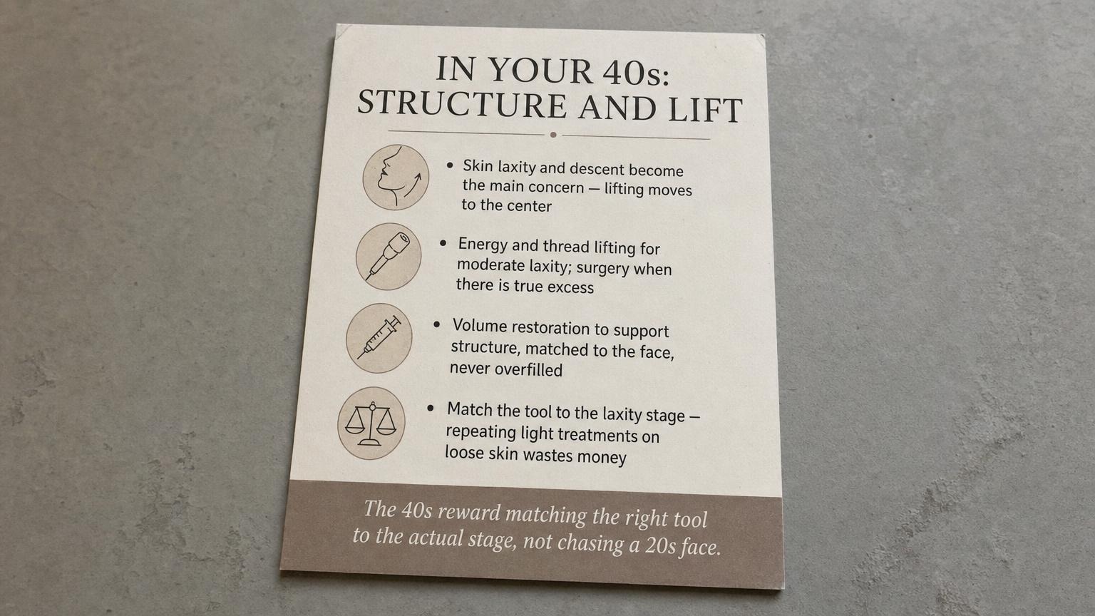 In your 40s: lifting and structure matched to skin laxity stage