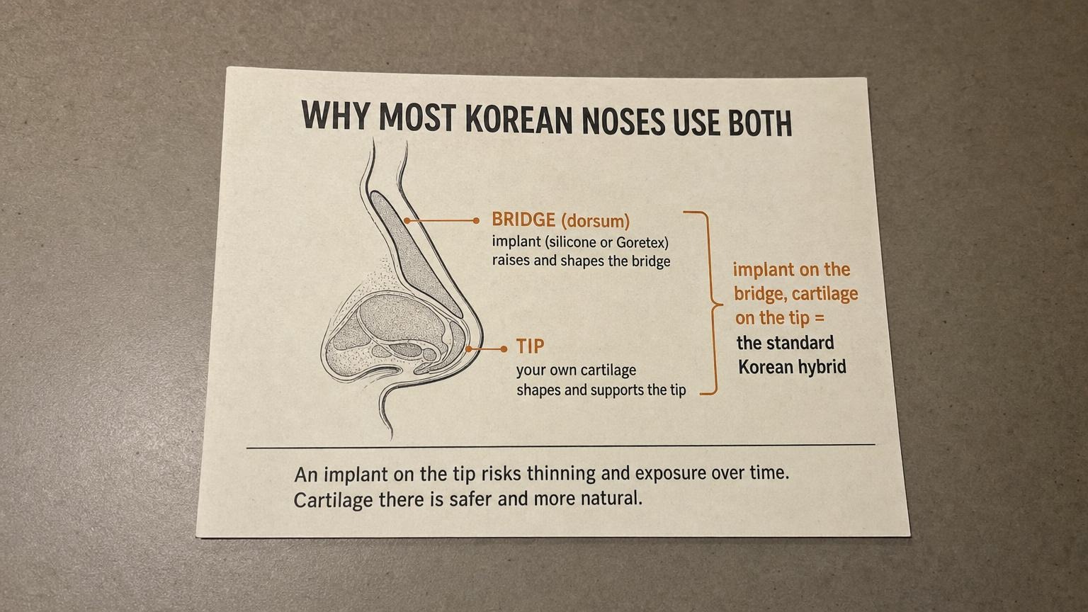 Why most Korean noses use both: implant on the bridge, your own cartilage on the tip