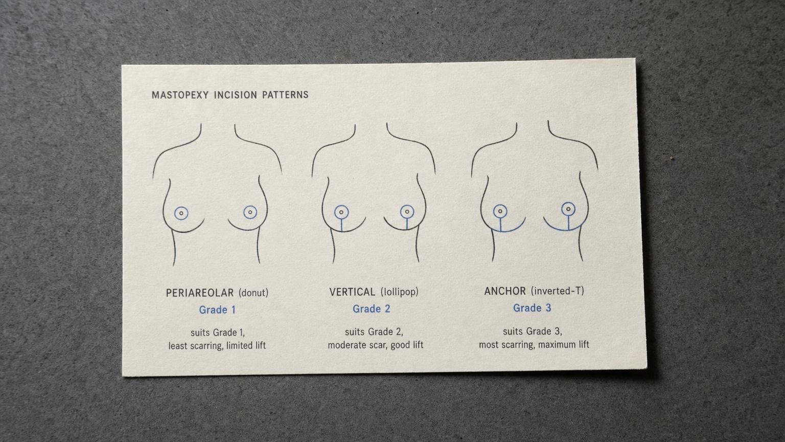 Mastopexy incision patterns diagram periareolar donut, vertical lollipop, and anchor inverted-T