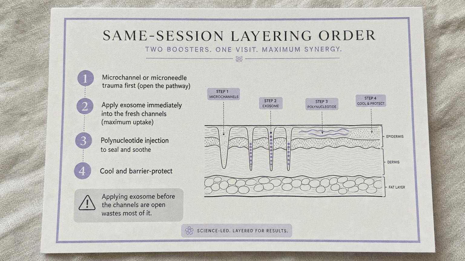 Same-session skin booster layering order: microchannel trauma first, exosome immediately, polynucleotide to seal