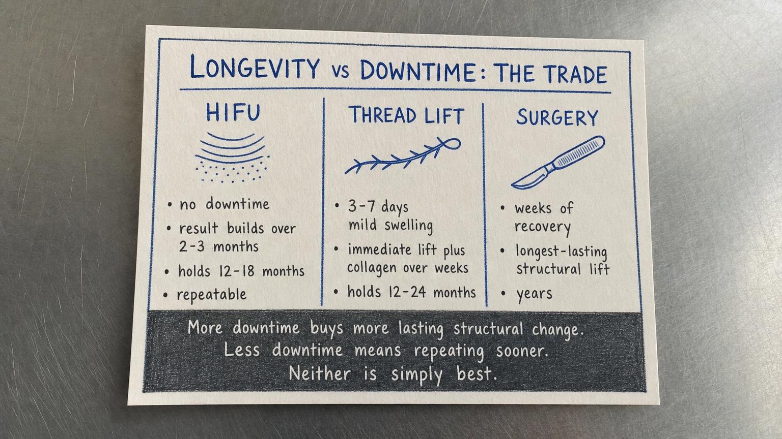 Jawline tools longevity vs downtime: HIFU no downtime 12-18mo, thread 3-7 days 12-24mo, surgery weeks years