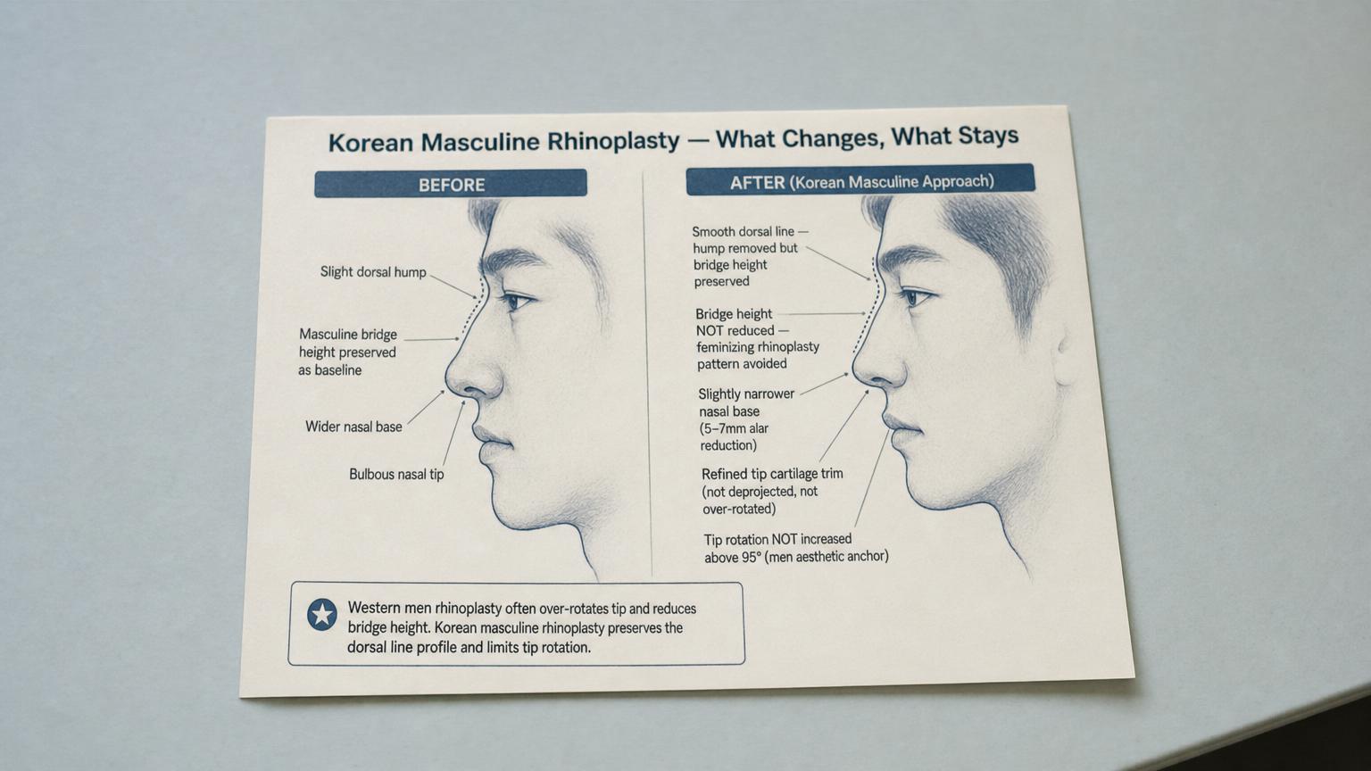 Korean masculine rhinoplasty: dorsal hump removed but bridge height preserved, tip rotation limited to 95 degrees.