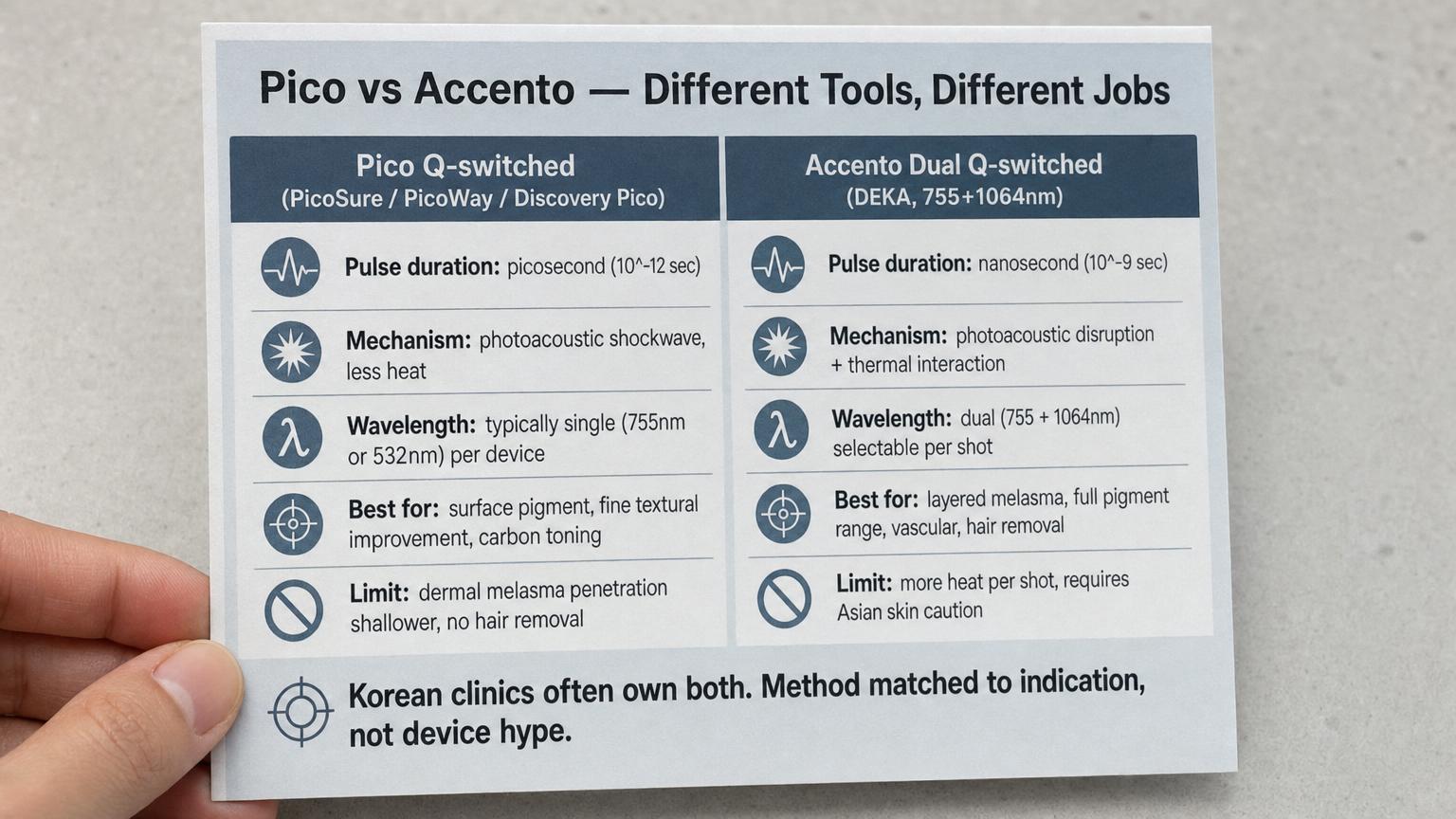 Pico (picosecond, single wavelength) vs Accento (nanosecond Q-switched, dual wavelength) — different tools, different jobs.