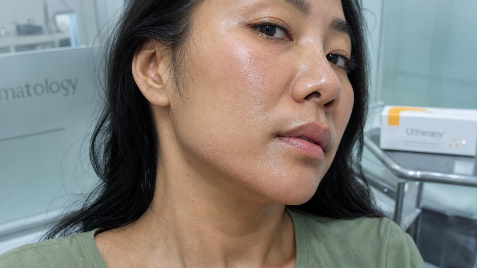 Different patient case (Japanese woman in her early forties) 30 minutes after an authentic Merz Ultherapy session at an authorized Seoul clinic showing a mild post-treatment flush across the lower face and submentum with no swelling or bruising, photographed in a dusty pink and muted plum recovery room with a sealed Merz cartridge box and a printed depth map visible on the bedside table