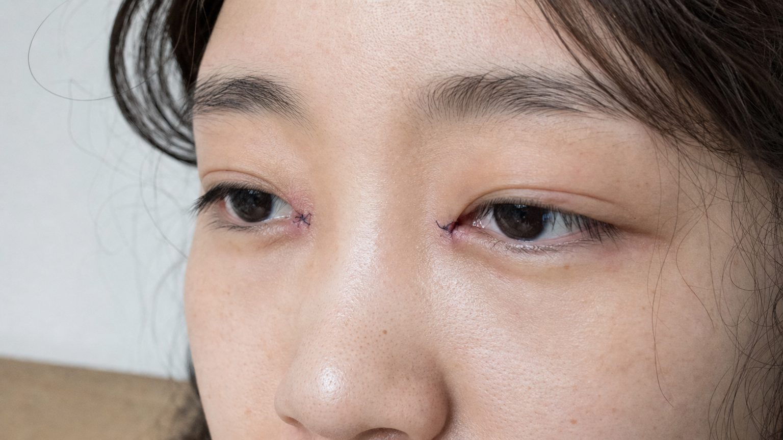 Macro close-up portrait of Patient B Vietnamese-Korean woman late 20s with heart-shaped face showing Day 5 post-op epicanthoplasty status — tight crop on inner eye region showing micro-suture marks at inner corner with small dark thread loops barely visible, mild pink inflammation along Z-plasty incision lines, slight residual swelling at lacrimal caruncle area, lacrimal caruncle now exposed but still in healing phase, no yellow bruising, natural skin texture preserved with visible pores and faint freckles