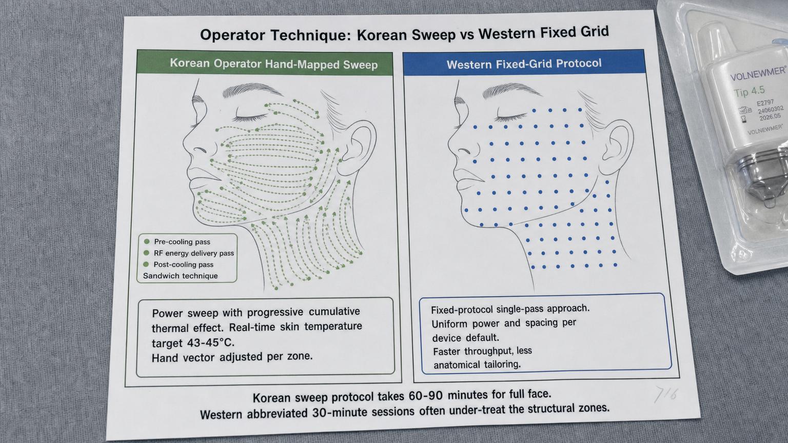Printed protocol comparison card photographed top-down on a clinical white matte surface showing the operator technique difference between Korean hand-mapped sweep protocol with scattered overlapping passes and pre-cooling RF pulse post-cooling sandwich cycle versus Western fixed-grid uniform single-pass approach, annotation explaining Korean 60 to 90 minute full-face session versus Western abbreviated 30 minute under-treatment, sealed Volnewmer tip cartridge in sterile packaging visible at the frame corner