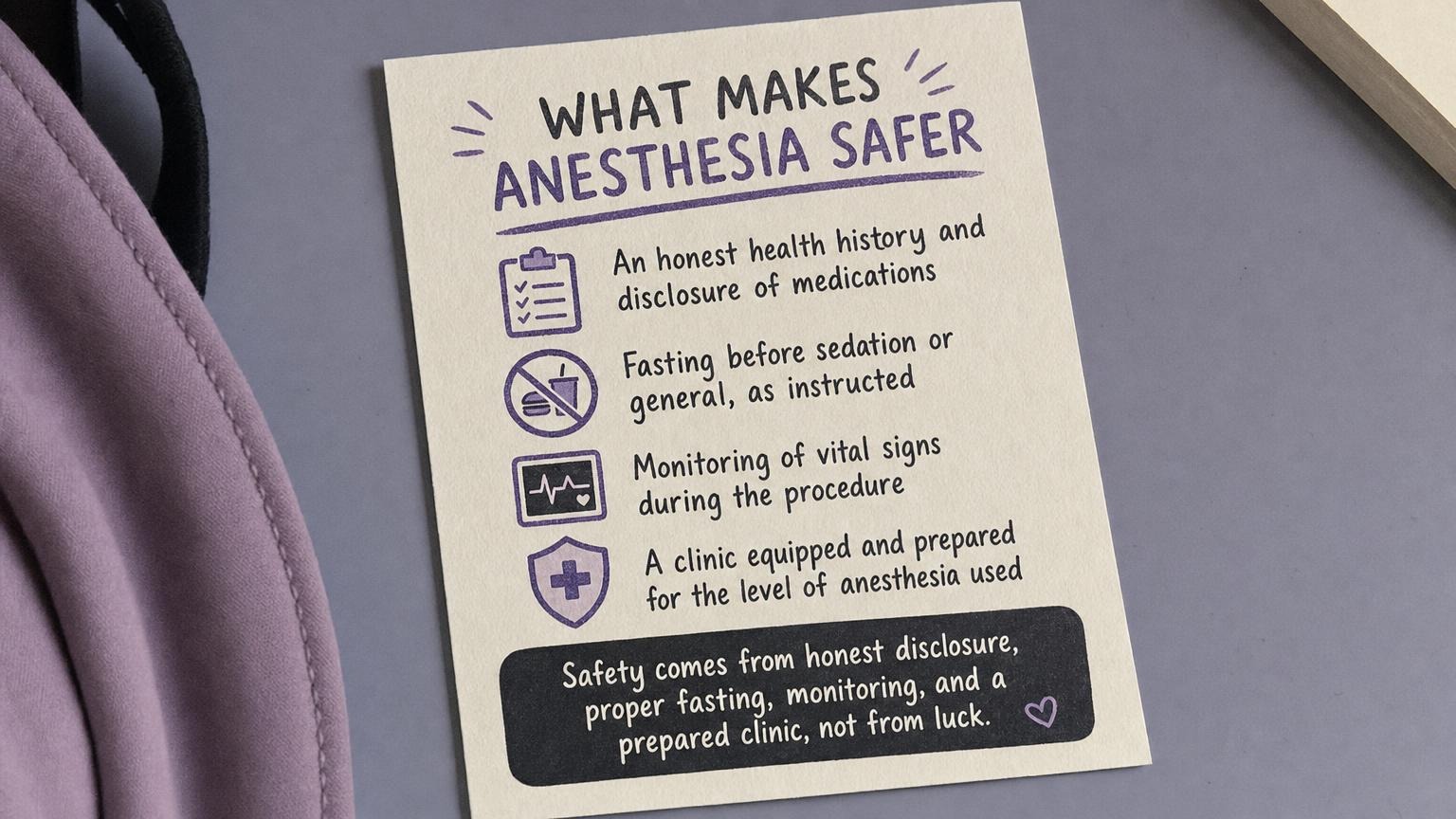 What makes anesthesia safer: honest history, fasting, monitoring, a prepared clinic
