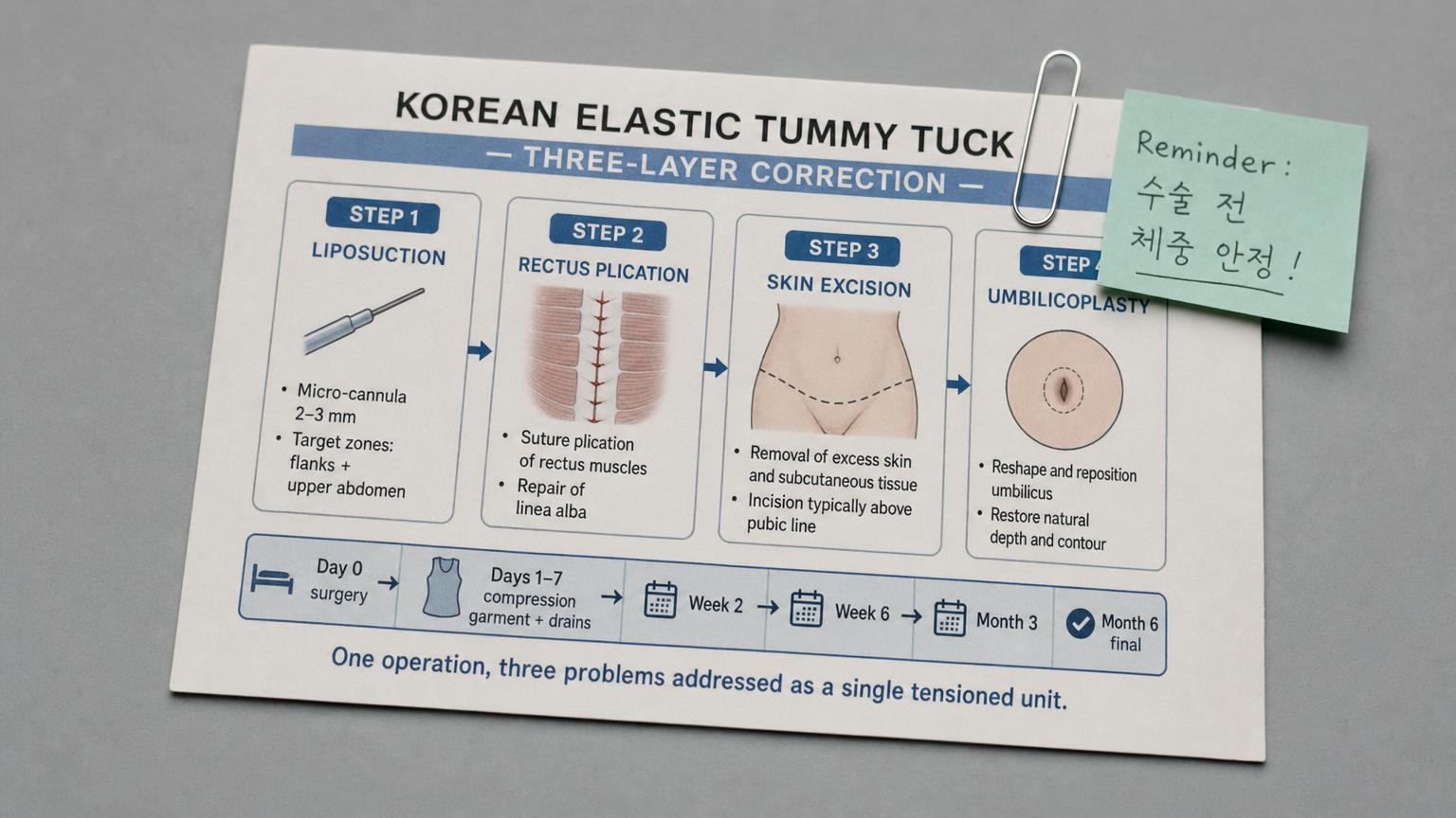 Korean elastic tummy tuck week-by-week postpartum recovery chart photographed on a soft mint and white clinical desk — Day 0 surgery and immediate compression, Days 1 to 3 peak swelling and drainage with light walking, Day 7 first major follow-up and partial suture removal, Day 14 final follow-up and flight clearance, Week 3 to 6 compression compliance window, Week 6 garment removal and gradual activity, Month 3 settled contour, Month 6 to 12 final result and scar maturation