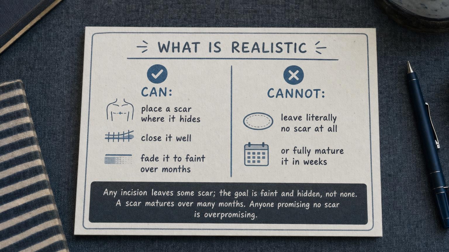What is realistic: a scar can be faint and hidden, not literally none