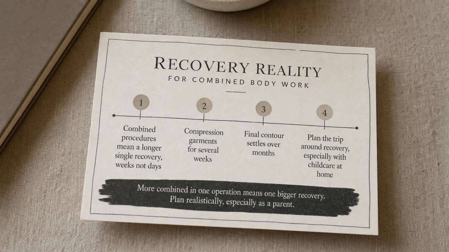 Recovery reality for combined body work: weeks, compression, months to settle