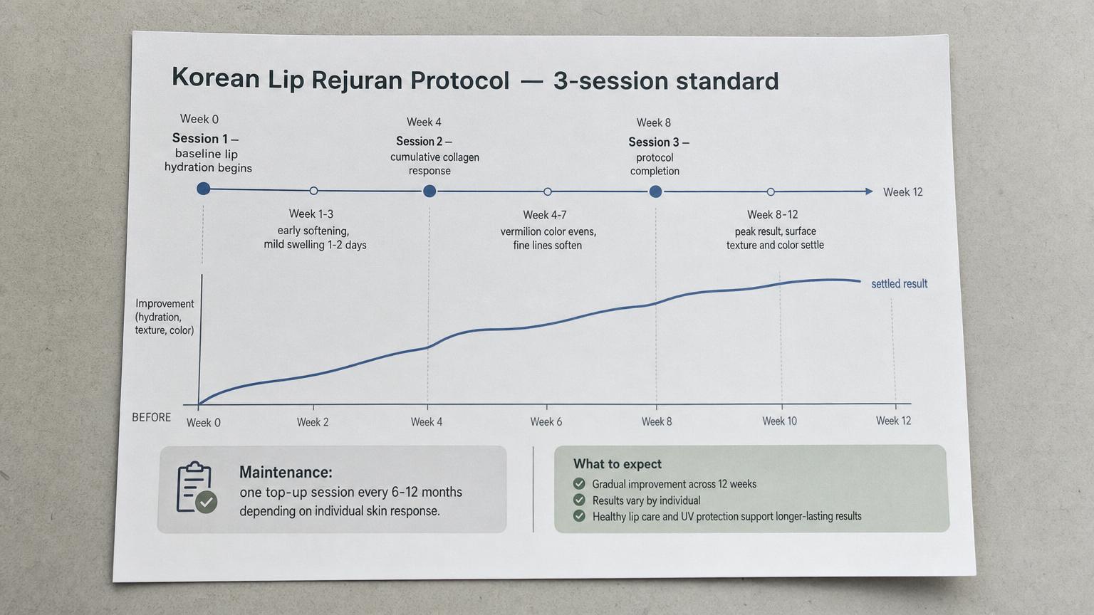 Korean Lip Rejuran 3-session protocol timeline: Week 0, 4, 8 injections with cumulative collagen response and settled result by Week 12.