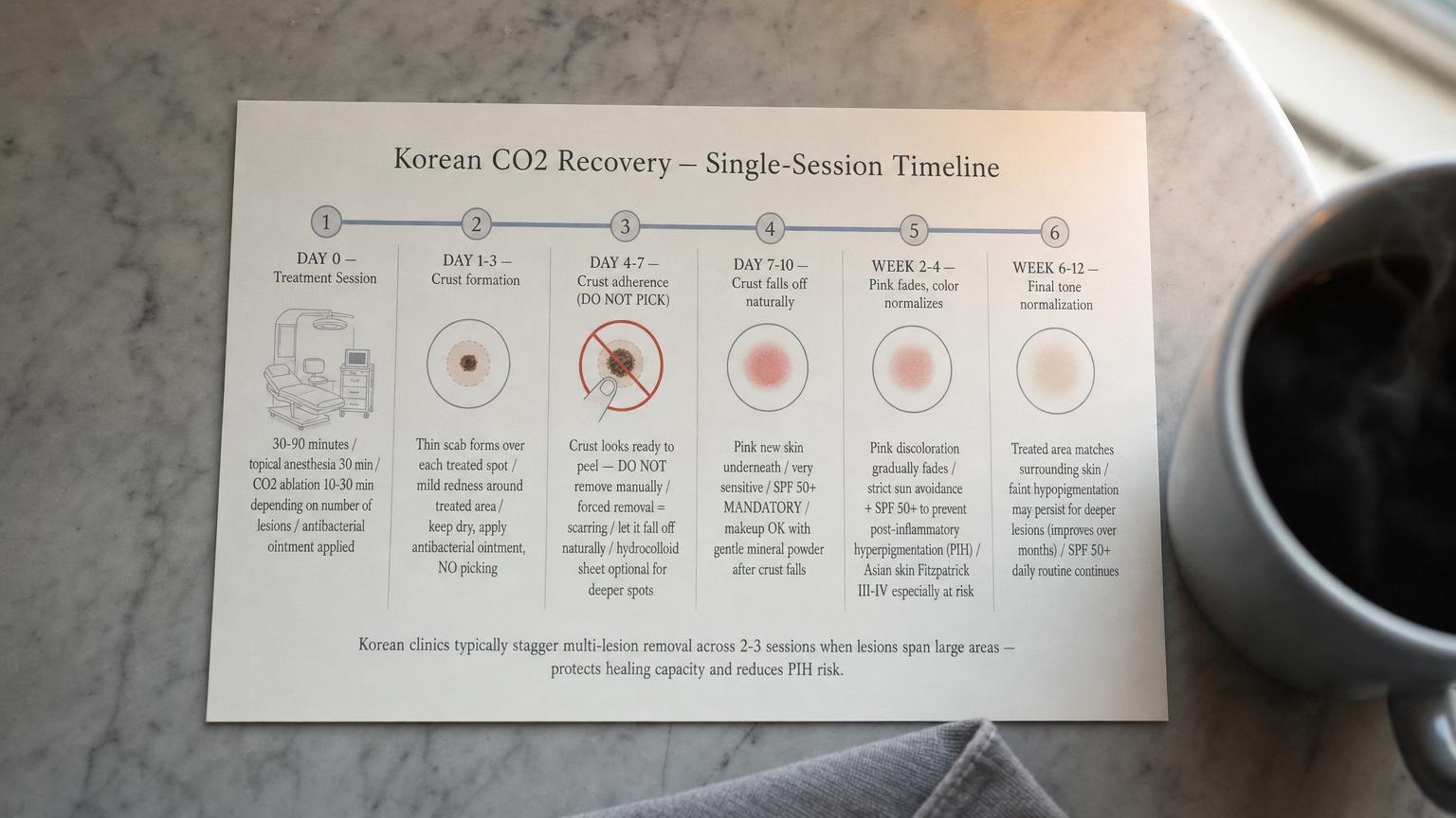 Printed Korean clinic CO2 recovery timeline card showing 6 milestone markers across an 8-week single-session timeline from Day 0 treatment session through Day 1-3 crust formation Day 4-7 crust adherence the do-not-pick window Day 7-10 natural crust shed Week 2-4 pink fade with SPF 50+ mandatory and Week 6-12 final tone normalization with multi-session staggering guidance for large lesion areas.