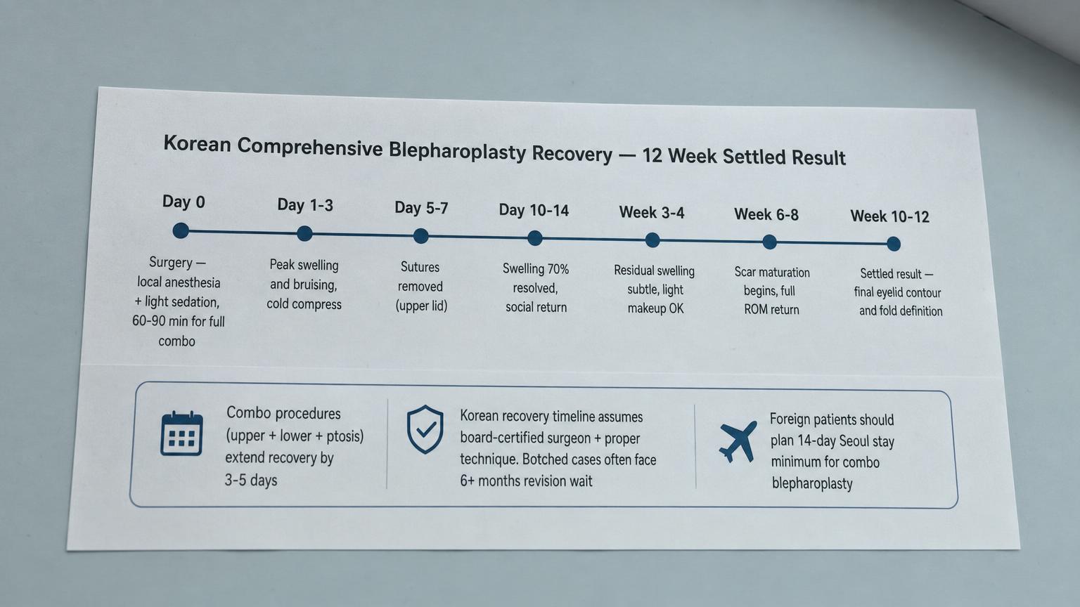 Korean comprehensive blepharoplasty 12-week recovery timeline: peak swelling Day 1-3, sutures Day 5-7, social return Day 10-14, settled result Week 10-12.