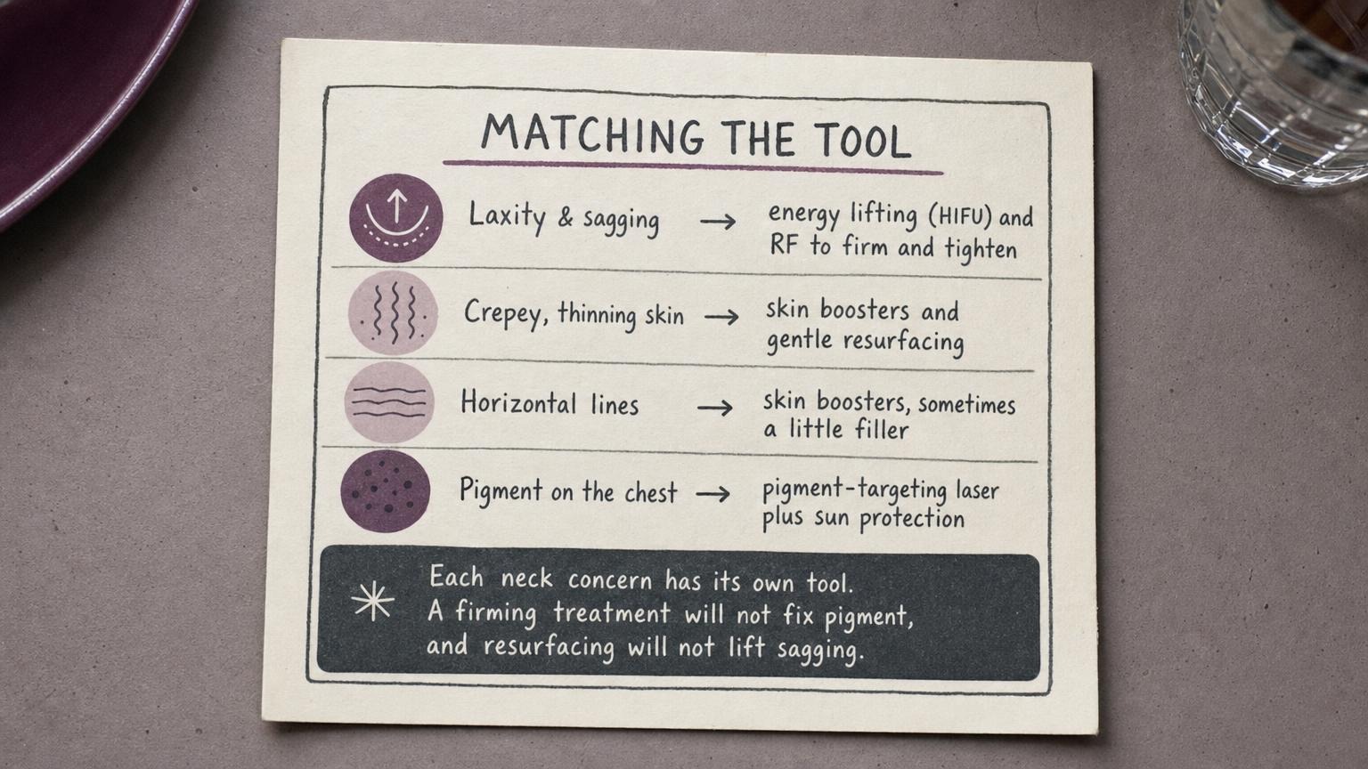 Matching the tool: HIFU and RF for laxity, boosters for crepey skin, laser for pigment