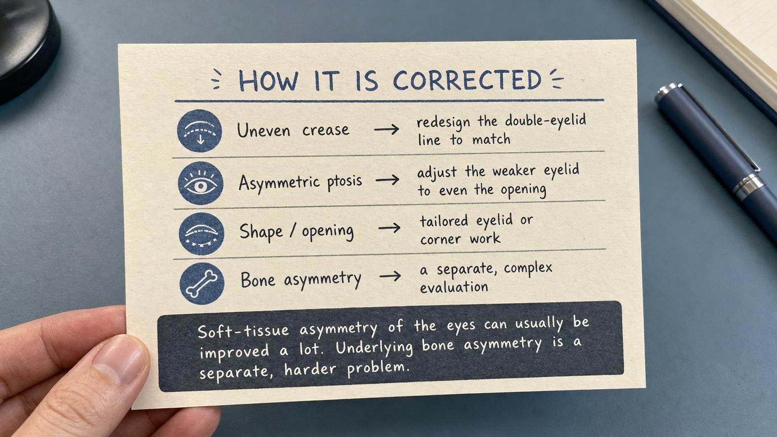 How it is corrected: redesign the crease, adjust ptosis, tailor corner work