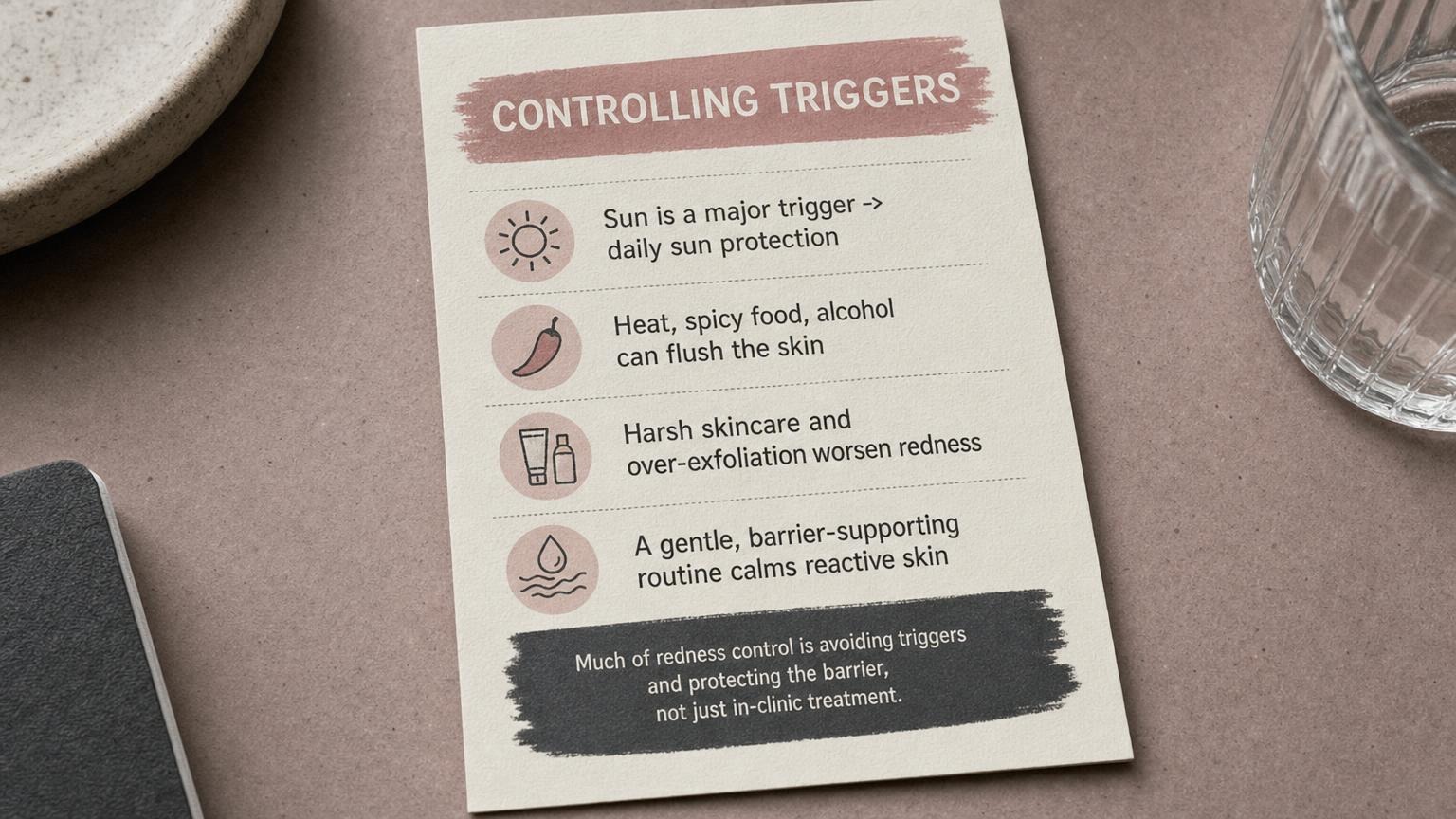 Controlling triggers: sun protection, heat and alcohol, gentle barrier-supporting routine