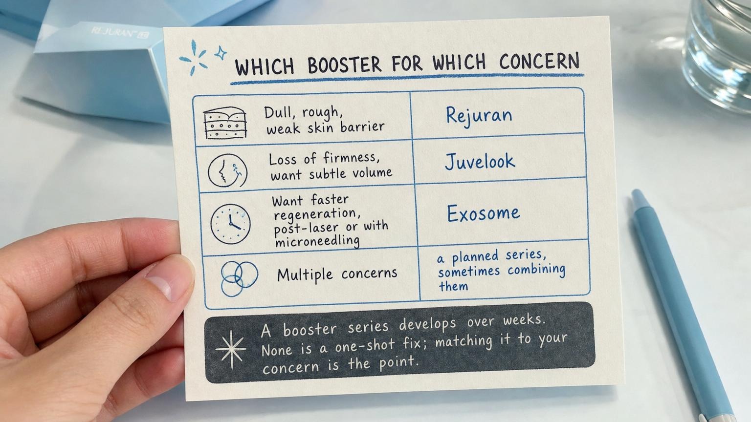 Which booster for which concern: Rejuran, Juvelook, exosome, or a series