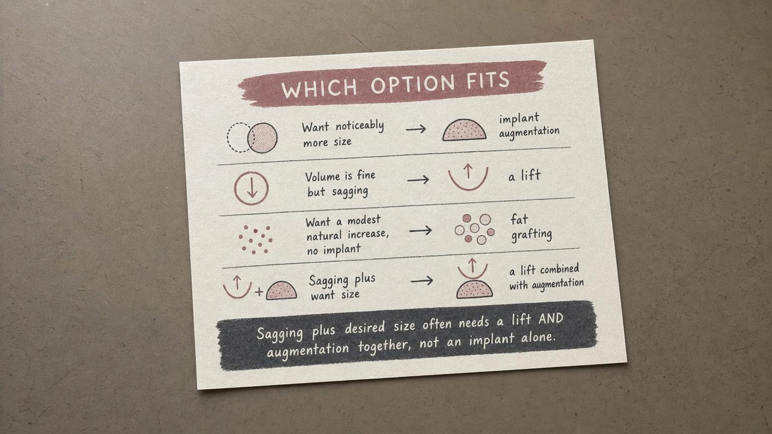 Which option fits: implant, lift, fat grafting, or lift plus augmentation