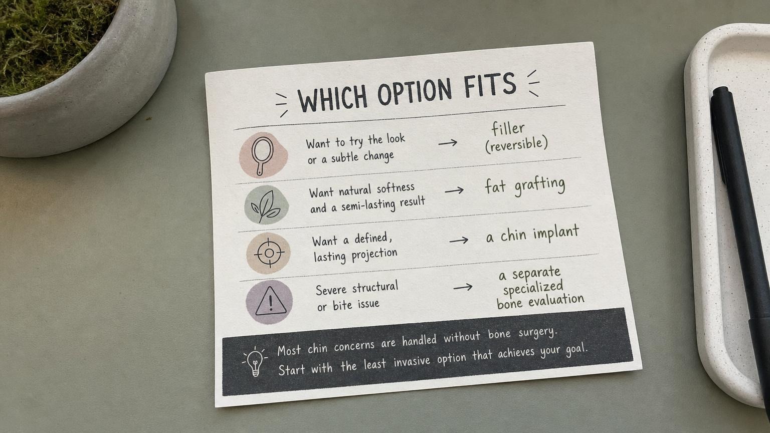 Which option fits: filler, fat, implant, or a separate bone evaluation