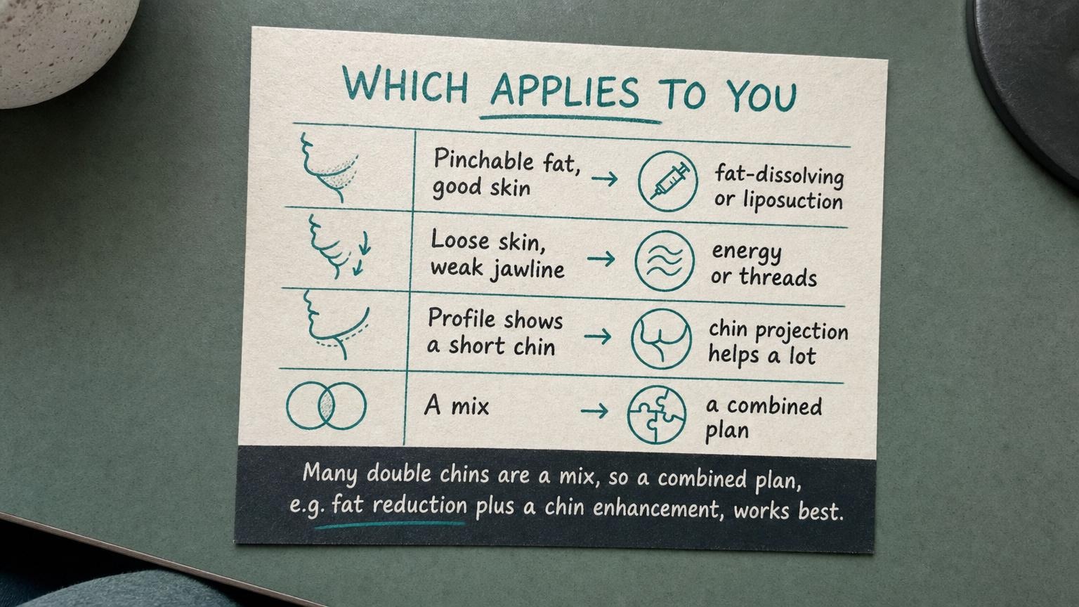 Which applies to you: pinchable fat, loose skin, a short chin, or a mix