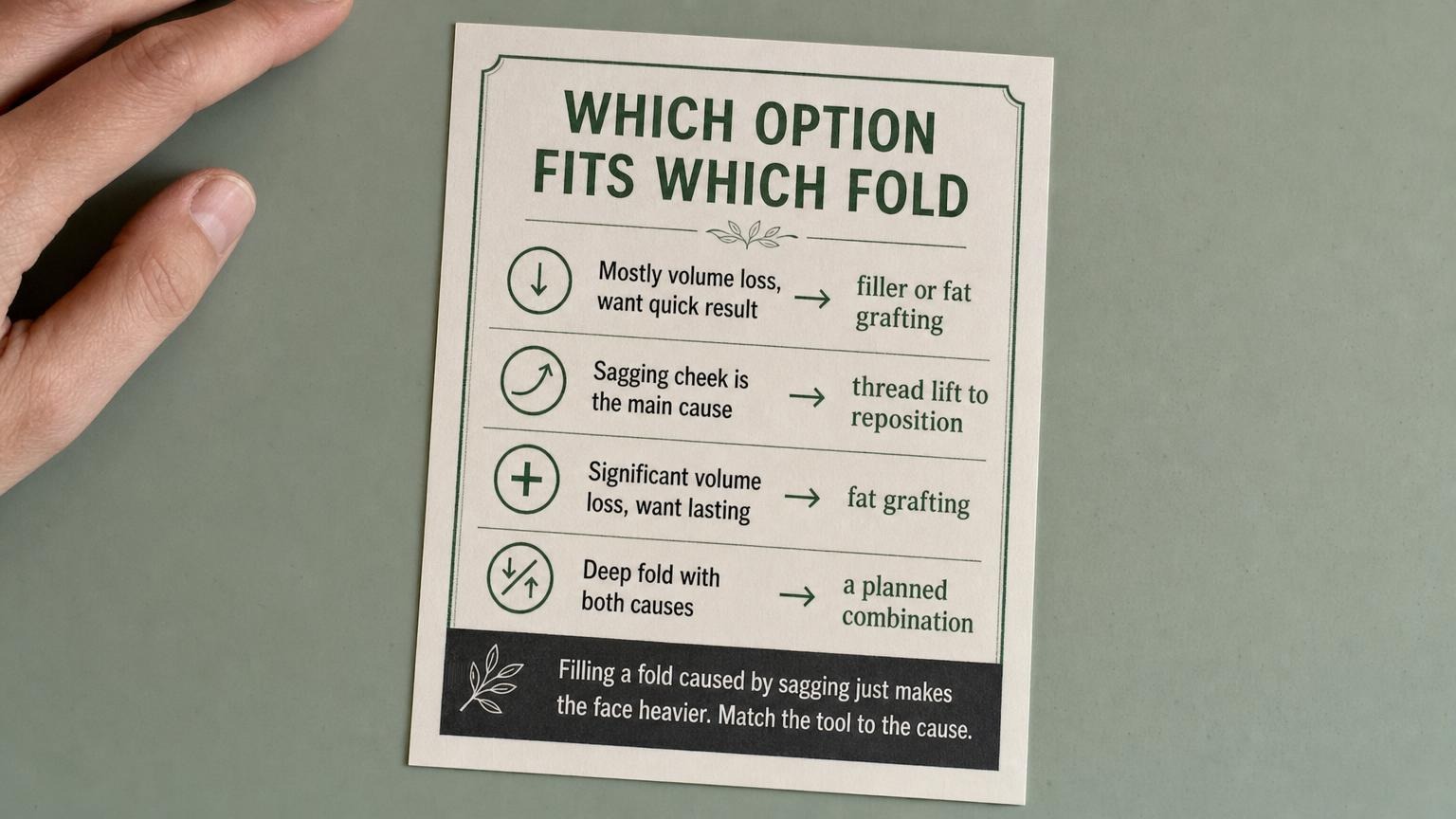Which nasolabial option fits which fold: filler, thread, or fat by cause