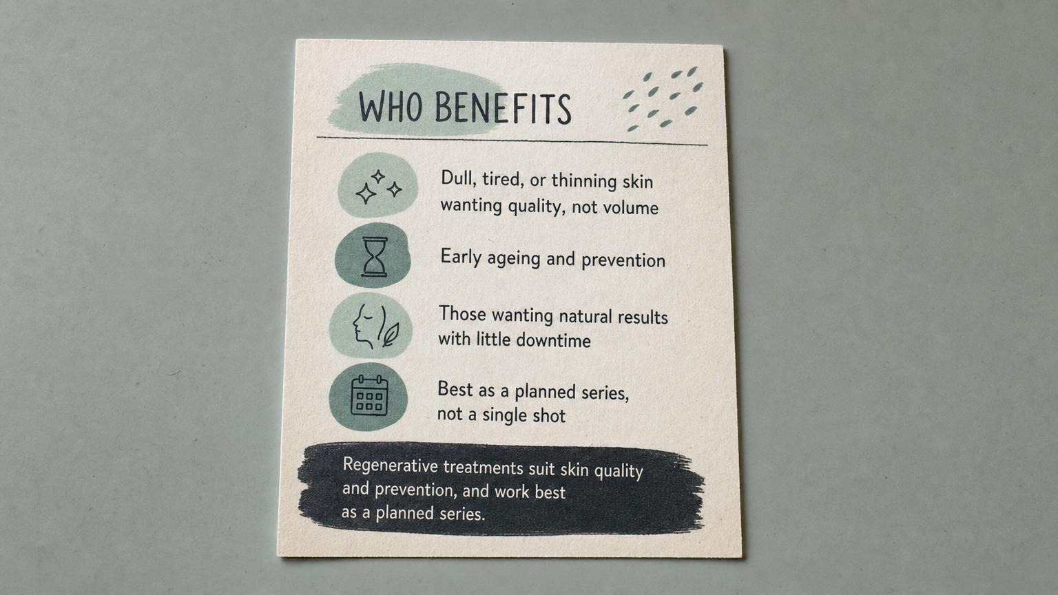 Who benefits: dull or thinning skin, prevention, natural results