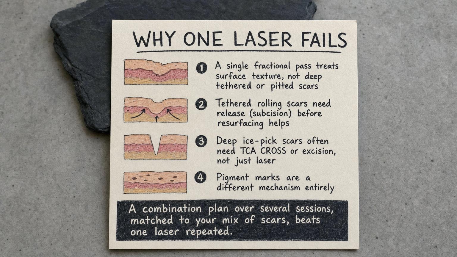 Why one laser fails: it treats surface texture, not deep tethered or pitted scars