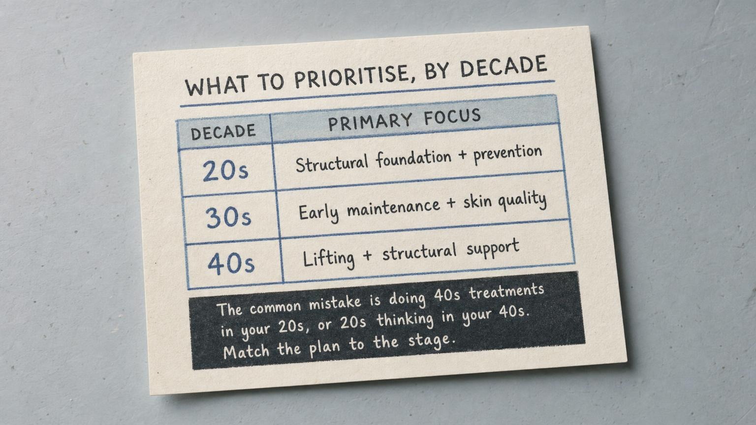 What to prioritise by decade: 20s foundation, 30s maintenance, 40s lifting