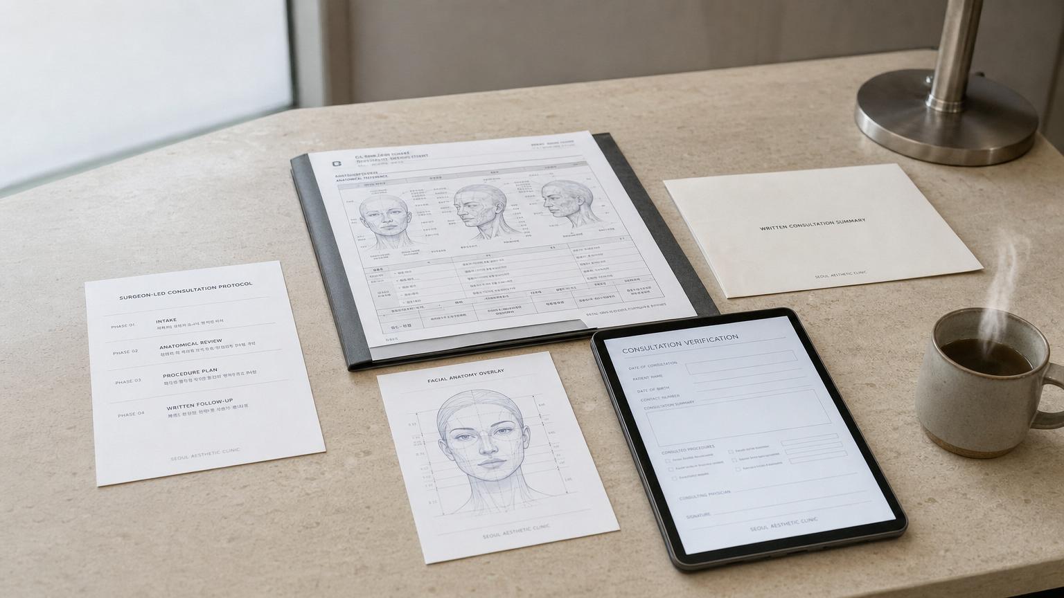 Korean clinic consultation room desk showing surgeon-led consultation chart, facial anatomy reference card, intake tablet, and written consultation summary envelope — documentation depth of an authentic Seoul consultation.