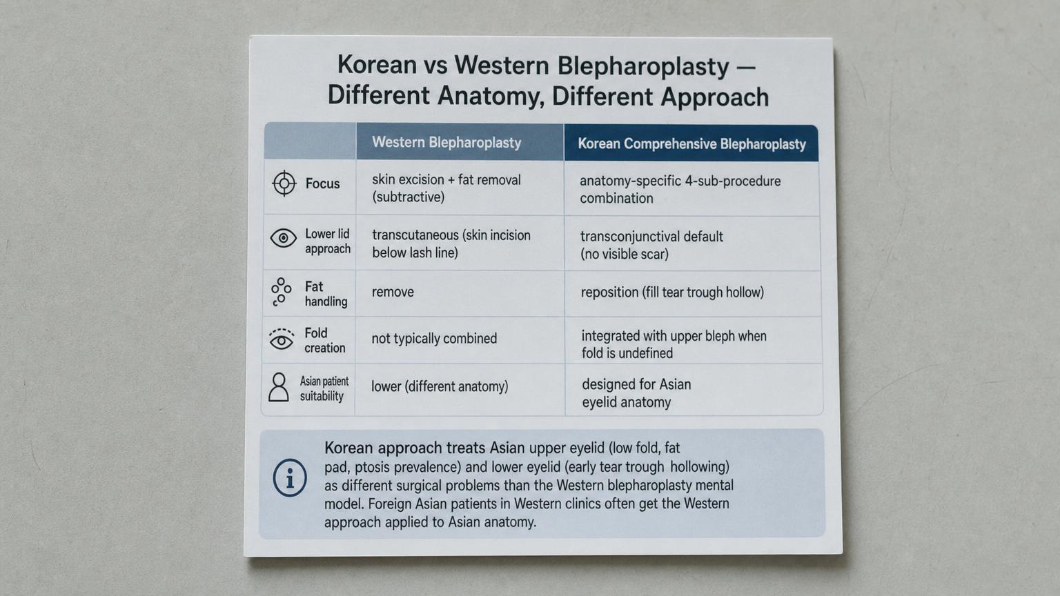 Korean vs Western blepharoplasty comparison: comprehensive 4-sub-procedure + transconjunctival no-scar + fat repositioning vs Western subtractive.