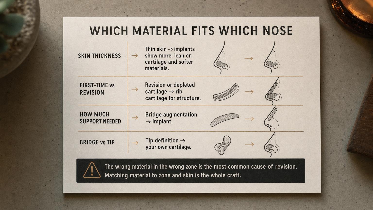 Which material fits which nose: skin thickness, revision, and bridge vs tip