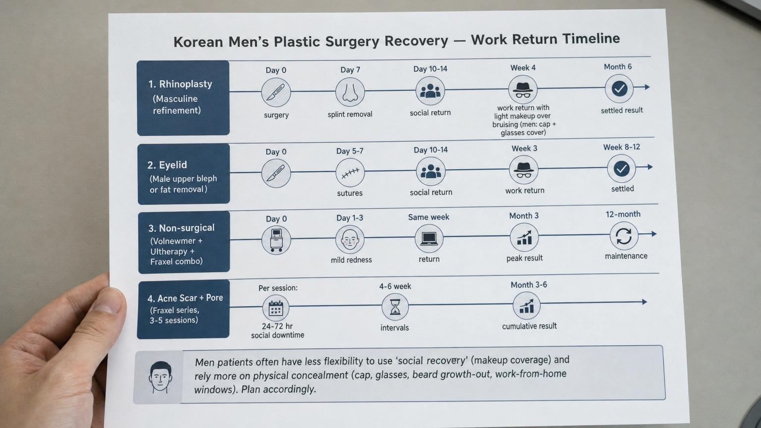 Korean men's plastic surgery recovery timeline: rhinoplasty / eyelid / non-surgical RF+HIFU / acne scar Fraxel by category. Work return windows.
