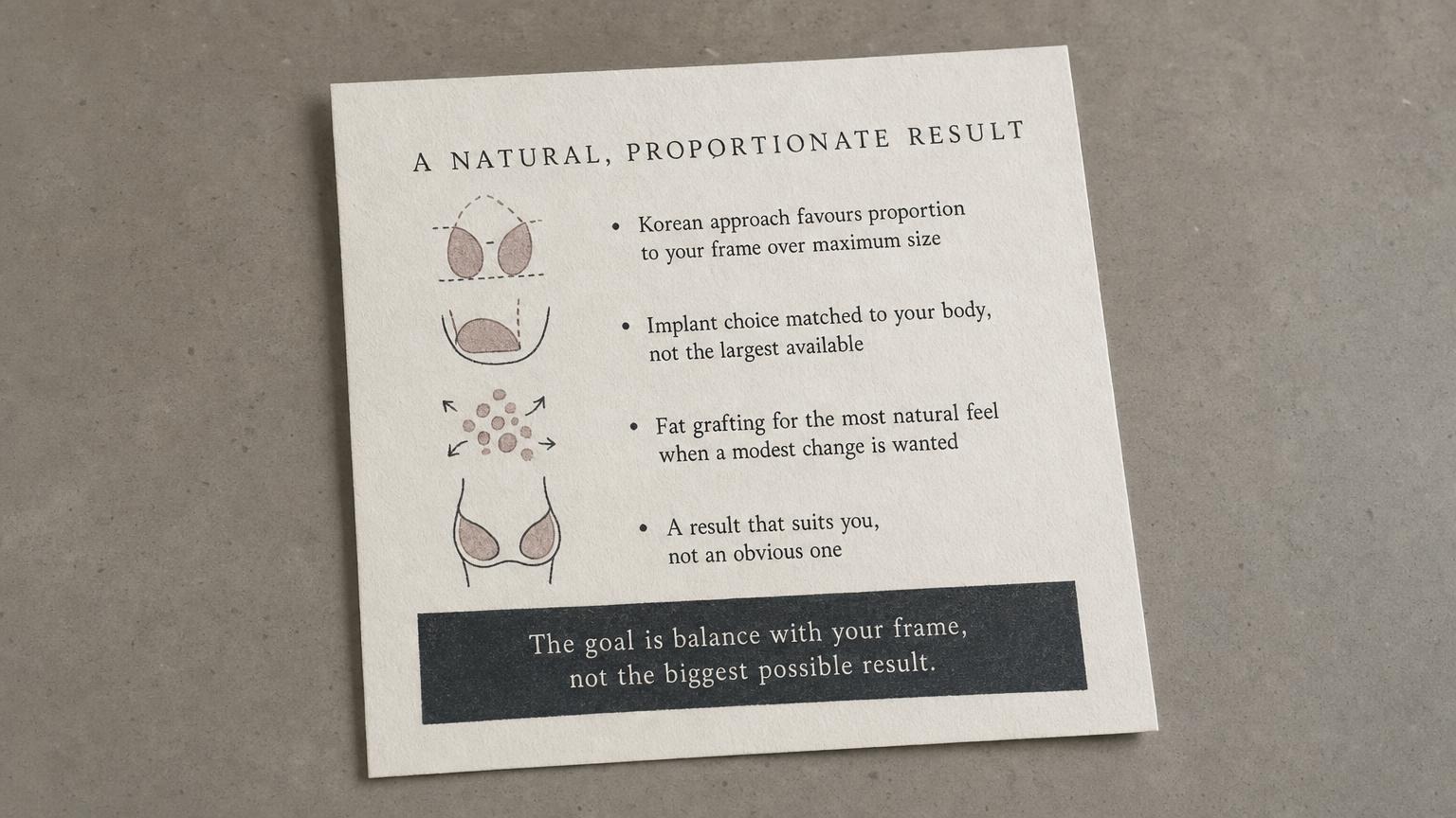 A natural proportionate result matched to your frame, not maximum size