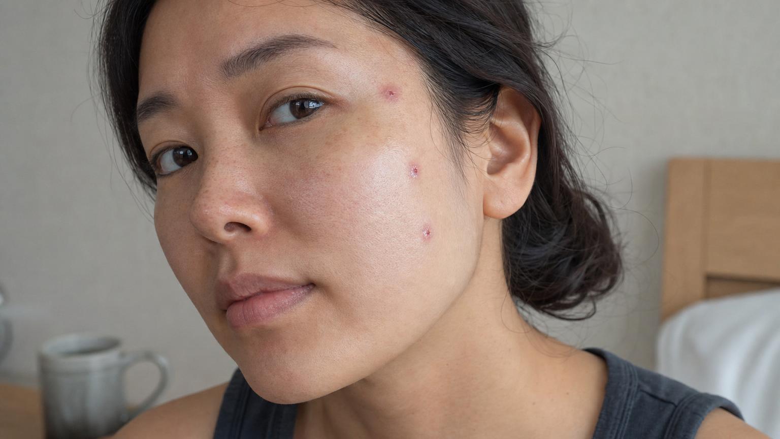 Different patient case Singaporean-Chinese woman in her early thirties 24 hours after a single Korean CO2 laser session for the removal of 3 small lesions across the cheek and temple area showing three tiny treated spots with characteristic thin crust formation a faint 1-2mm halo of mild pink flush around each treated point and antibacterial ointment glistening subtly.