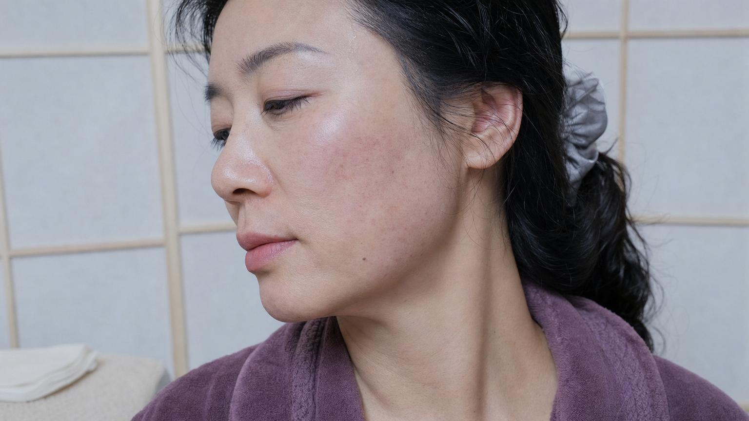 Different patient case (Singaporean-Chinese woman in her mid forties) 45 minutes after a Shrink Universe MPT session at an authorized Seoul clinic showing a gentle warm flush across the lower face and jawline with no swelling or bruising, photographed in a calm clinical white and brushed-steel recovery room with a sealed Classys cartridge box and a printed depth map visible on the bedside table