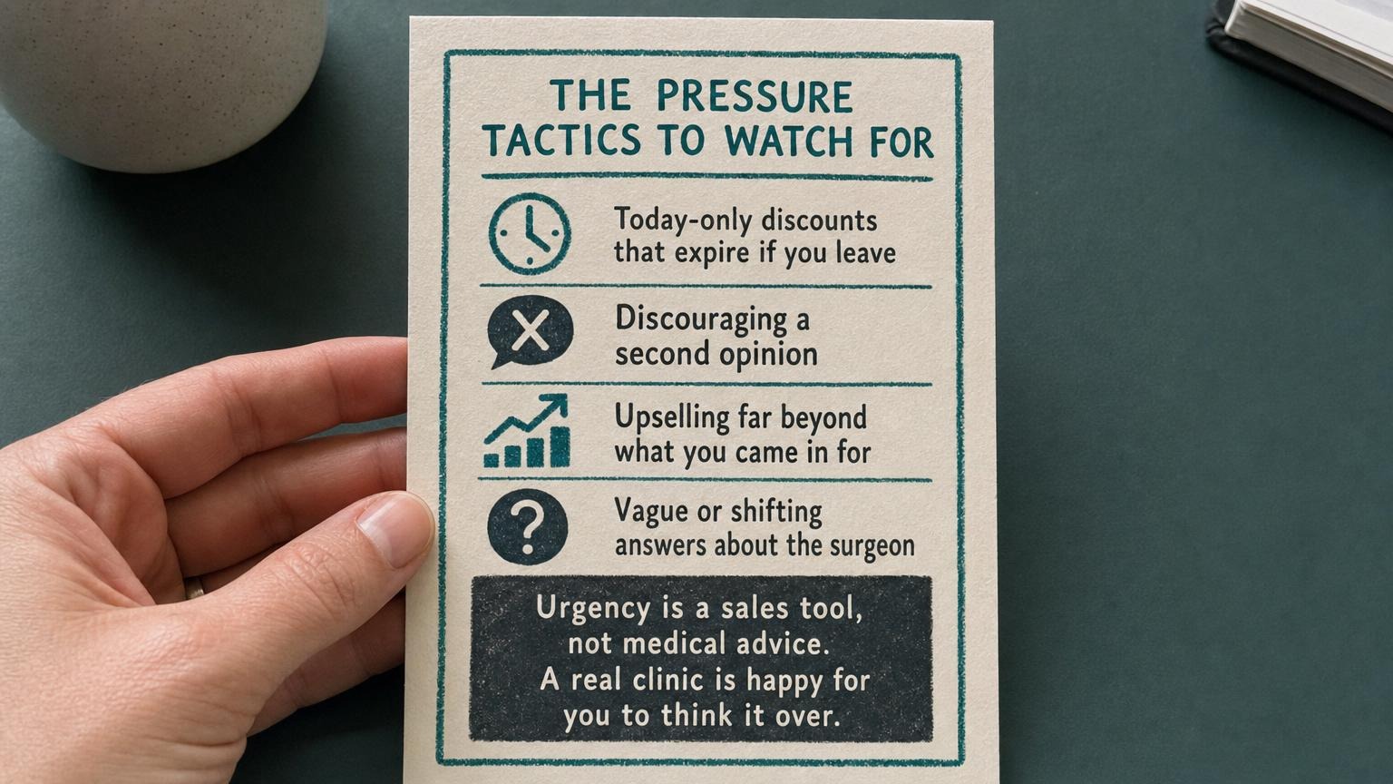 Pressure tactics to watch for: today-only discounts, discouraging second opinions