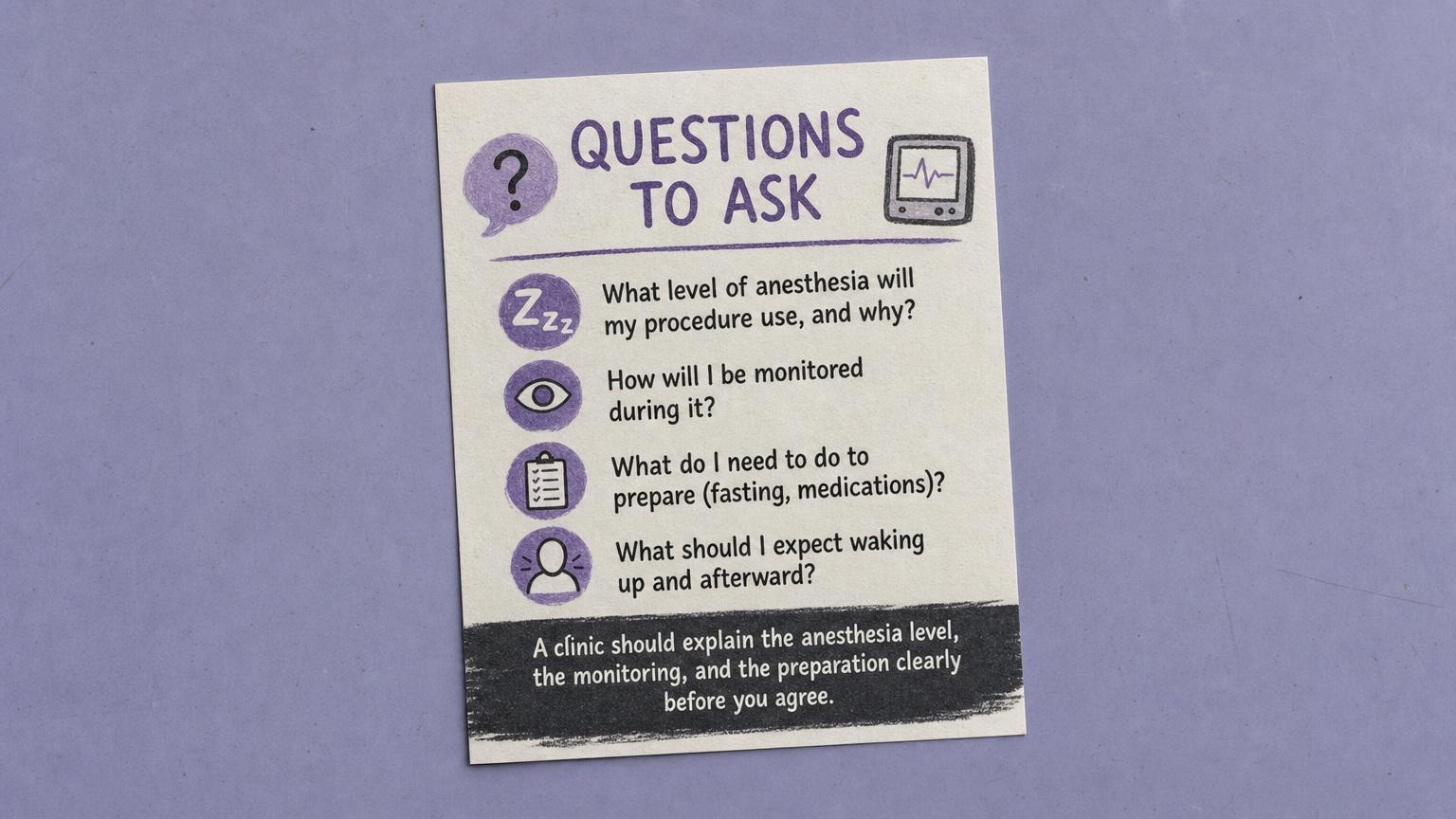 Questions to ask: what level, how monitored, how to prepare, what to expect