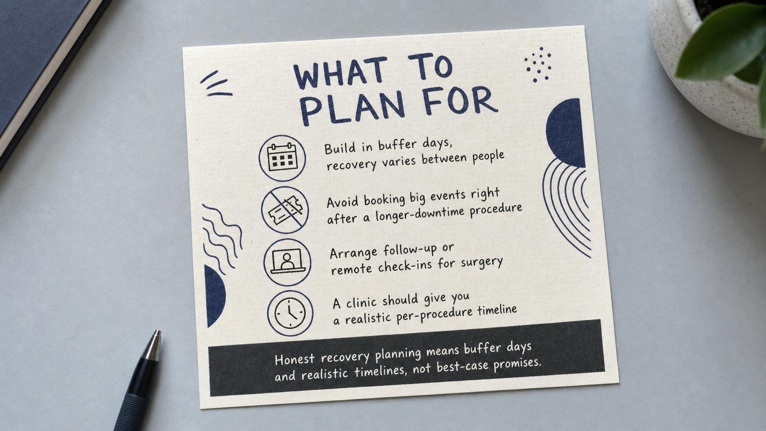 What to plan for: buffer days, events clear of downtime, follow-up for surgery