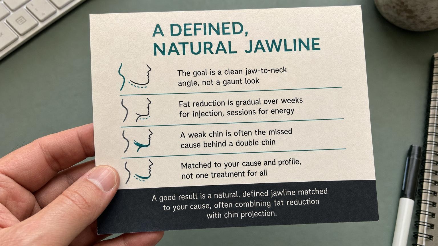 A defined natural jawline: a clean jaw-to-neck angle matched to your cause