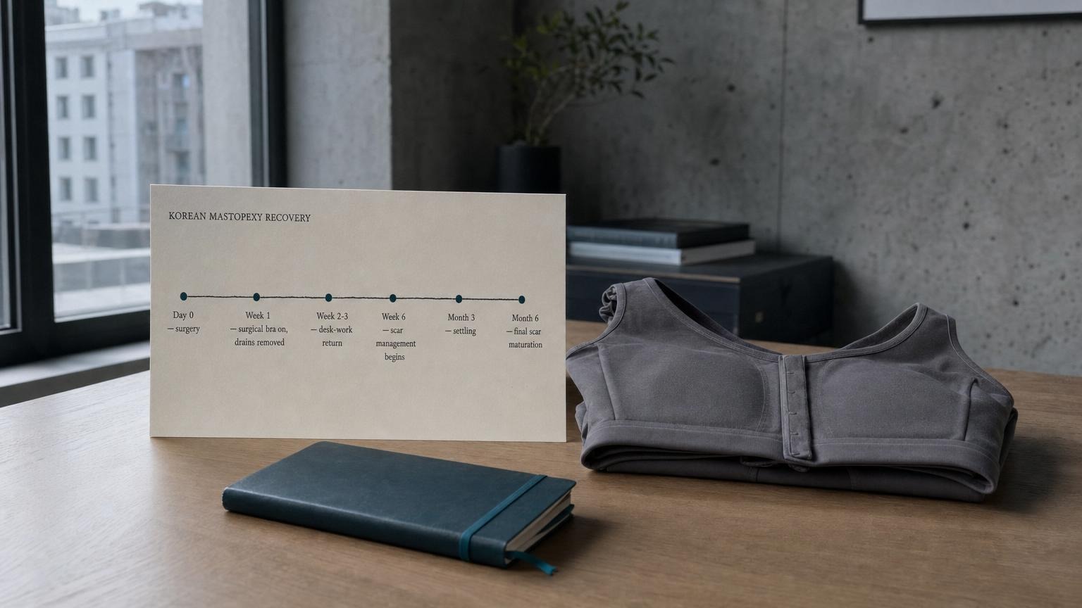 Korean mastopexy recovery timeline card surgical bra six weeks, desk work two to three weeks, scar care week six, maturation six to twelve months