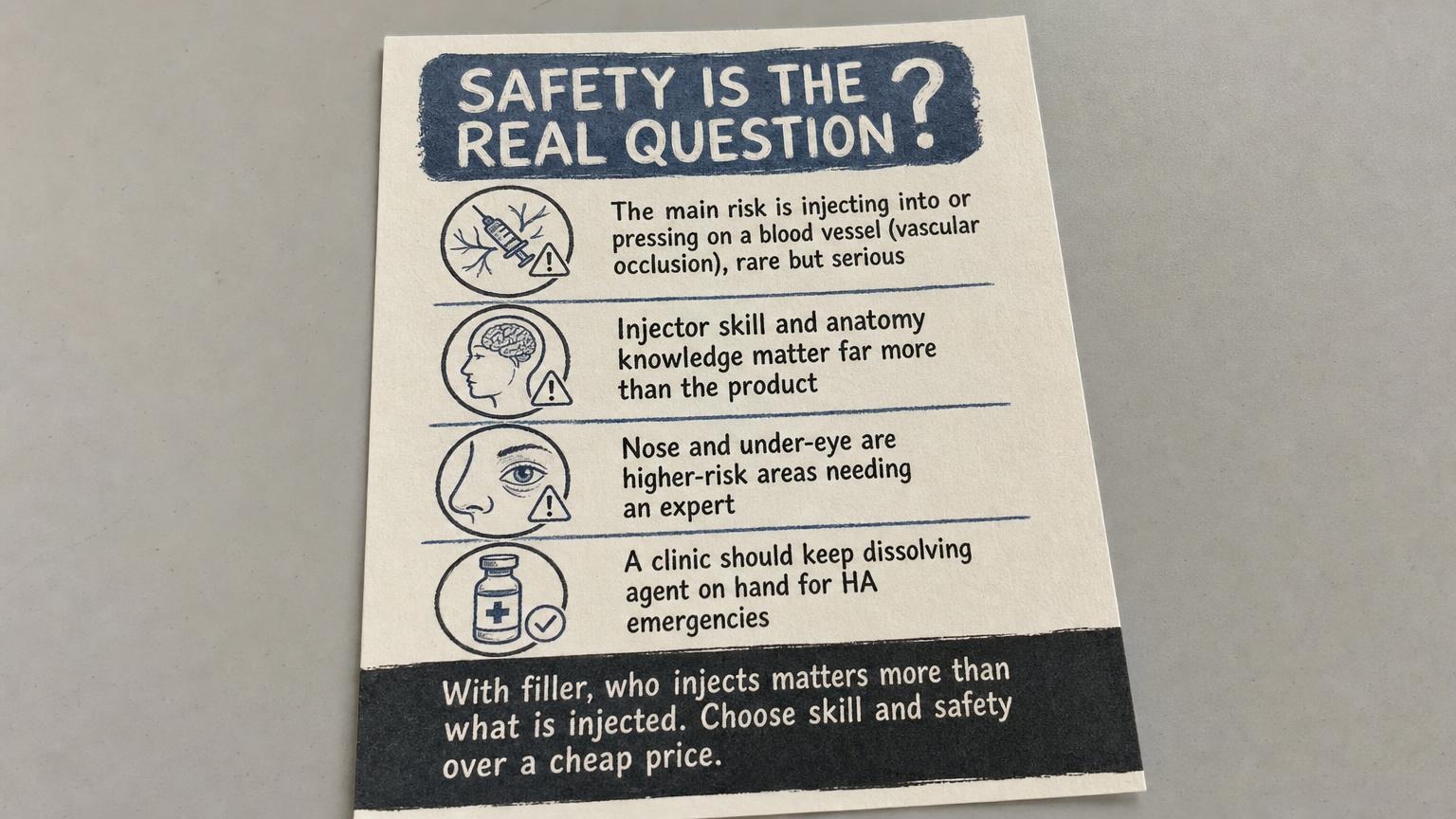 Safety is the real question: vascular risk, injector skill, dissolving agent on hand