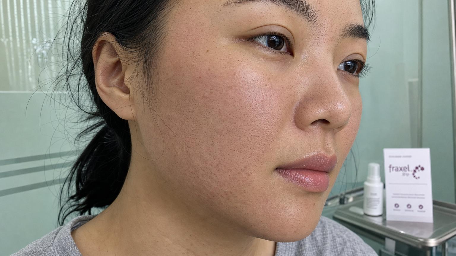 Different patient case (Vietnamese woman in her early thirties) 30 minutes after her second Fraxel Dual session at an authorized Seoul clinic showing the expected post-treatment mild flush across the cheek and forehead with characteristic fractional micro-thermal zone pattern visible under raking light, photographed in a crisp blue-gray clinical room with a sealed Solta cartridge box and the device tracking log visible on the treatment table