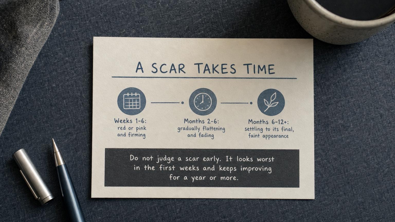 A scar takes time: red early, flattening over months, faint by a year