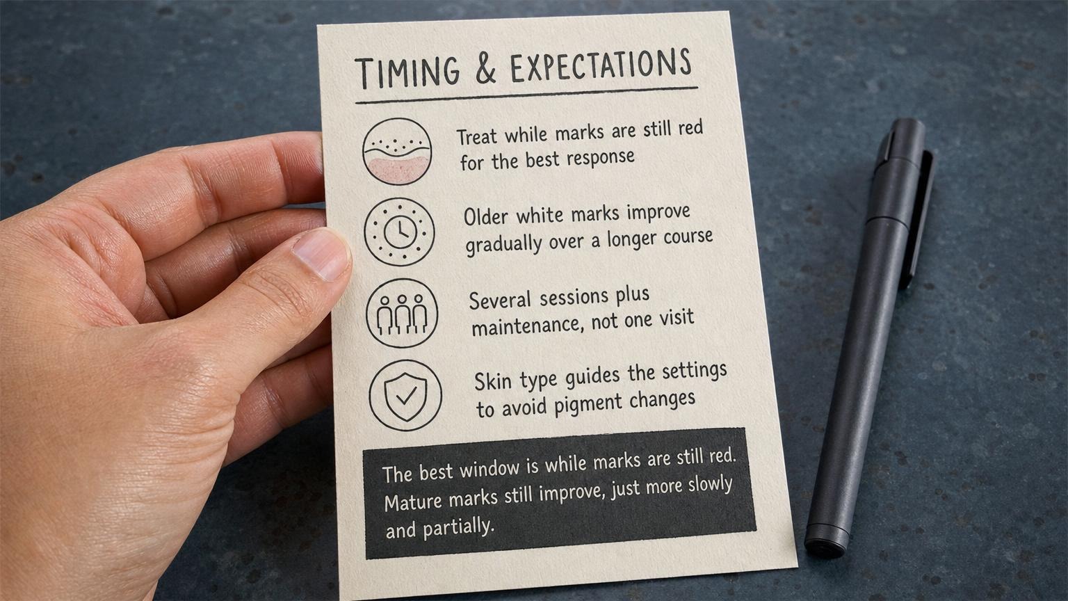 Timing and expectations: treat while red for the best response, mature marks improve slowly