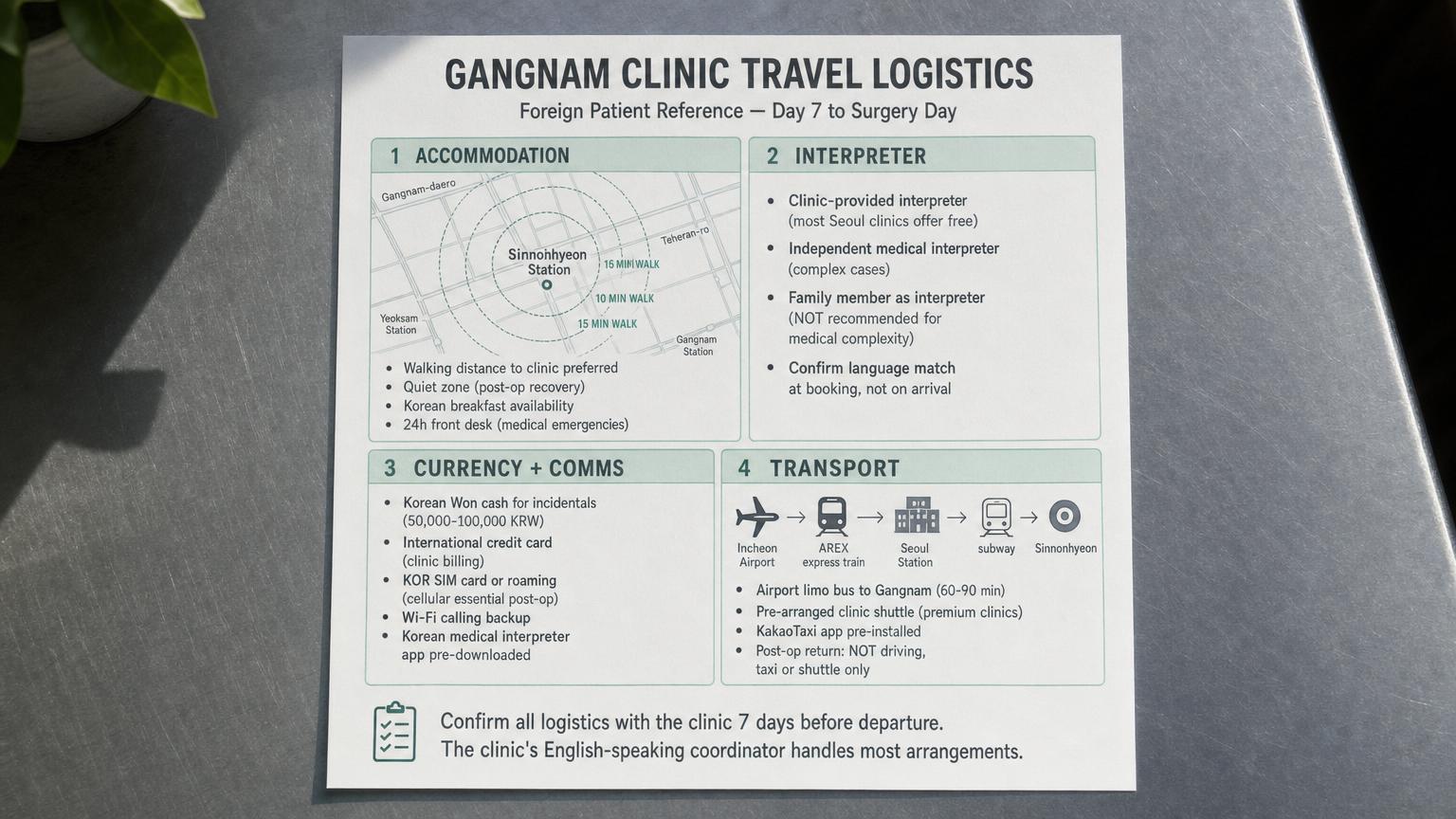 Gangnam clinic travel logistics card — accommodation distance map from Sinnonhyeon station, interpreter options, currency and communications, and airport-to-clinic transport routes for foreign patients.