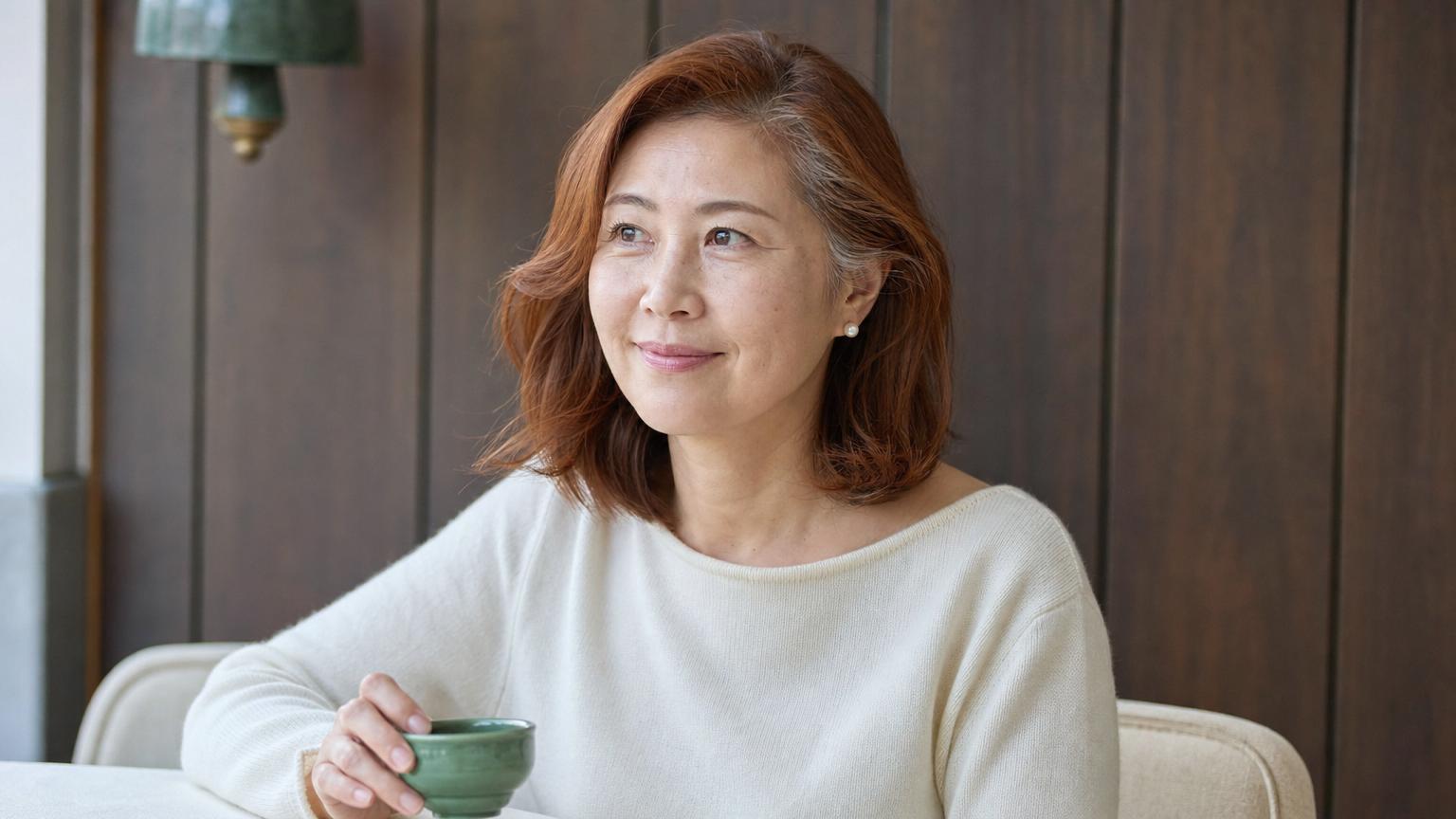 Third patient case (Caucasian woman in her early fifties) at week 12 after a Korean Flower Lift Allure 8-strand session showing restored jawline definition, lifted mid-cheek, and softened nasolabial fold from the collagen scaffold complete phase, captured in a charcoal and warm wood urban cafe setting